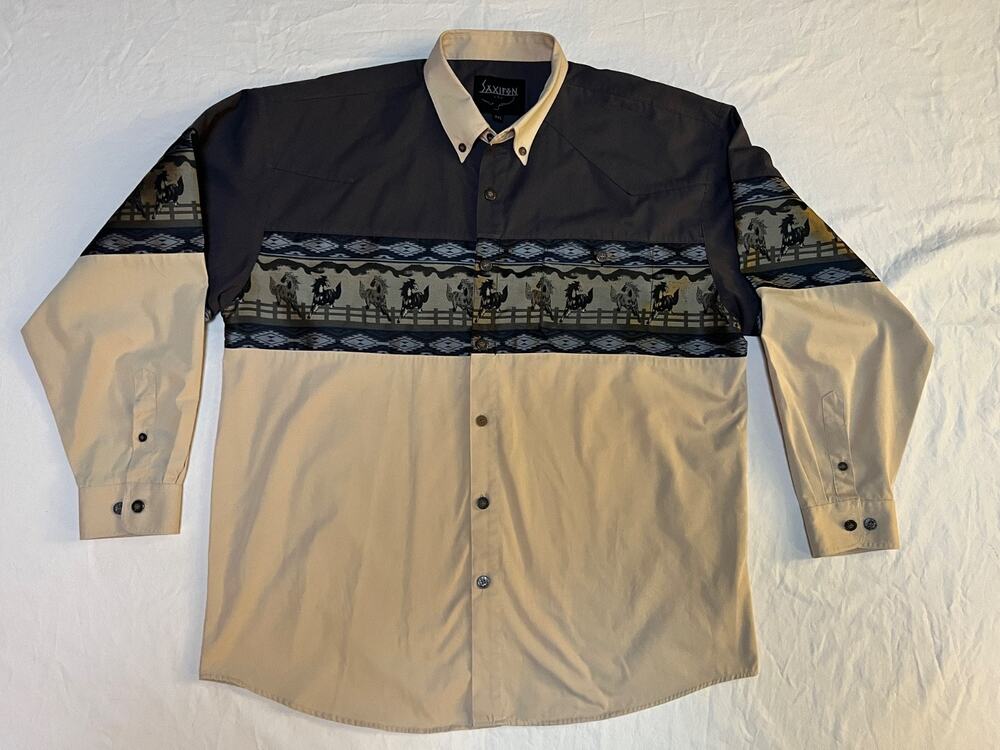 Vintage SAXIEN USA Western Roper Shirt XXL Cowboy Horse Aztec Button Up